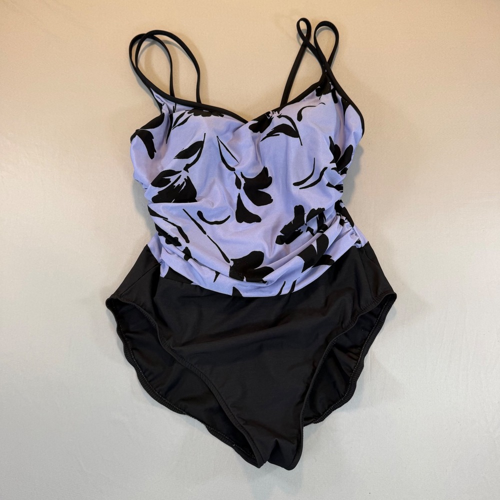 Trimshaper Womens One Piece Swimsuit Lavender Black Floral Ruched Padded 14